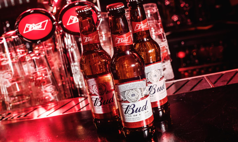 Bud bierflesjes op de bar in de horeca